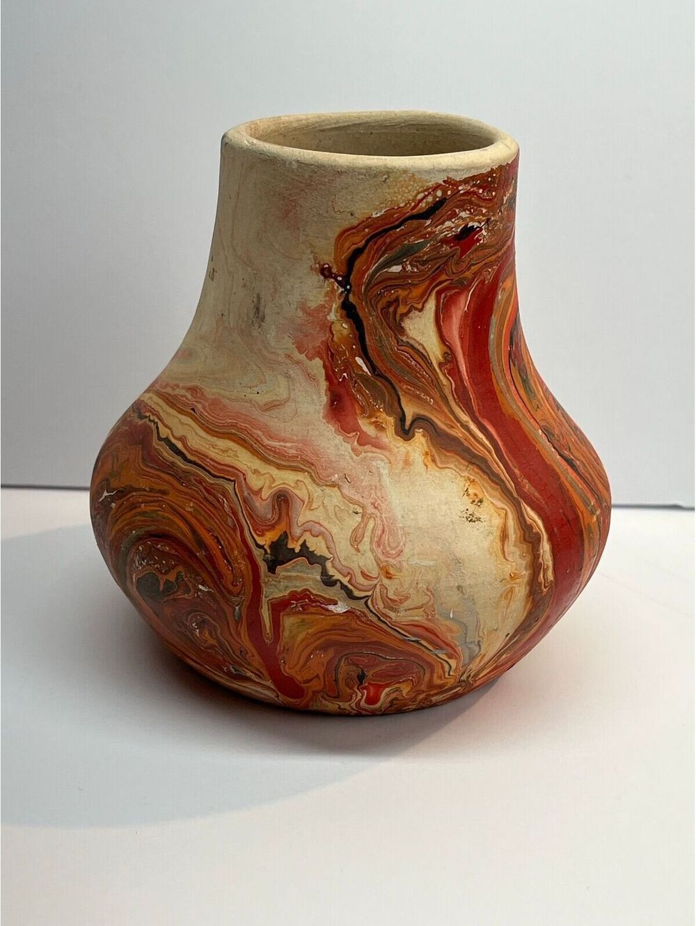 Vintage Nemadji Pottery Vase Red & Orange Swirl Marbled Southwestern